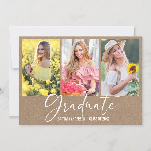 Calligraphy Ink Pen 3 Photo Kraft Graduation Announcement (Front)