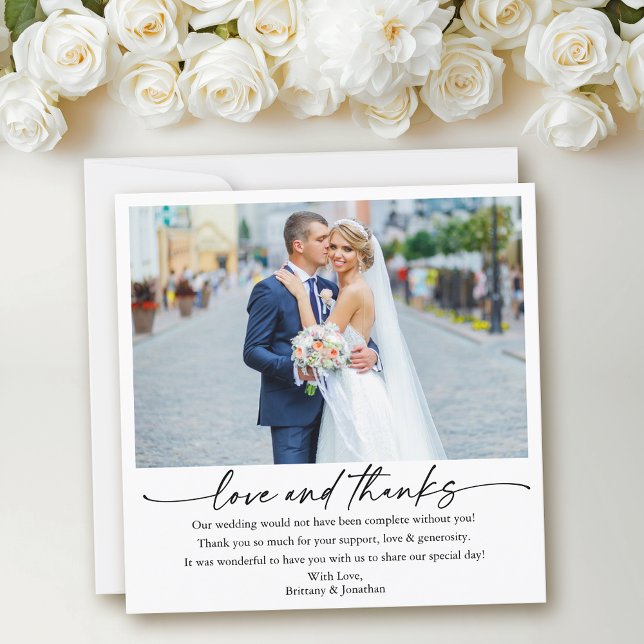 Calligraphy Ink Pen Love Wedding Photo Square Thank You Card (Customize to add more text or photos to back of card.)