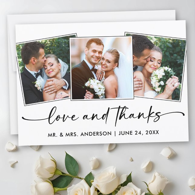Calligraphy Ink Pen Script 3 Photos Love Wedding Thank You Card (Customize to add text to back of card.)