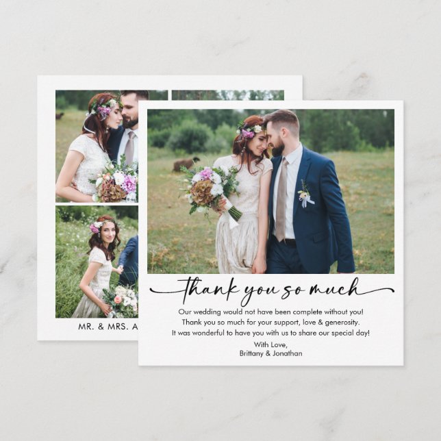 Calligraphy Ink Pen Script 5 Photo Square Wedding Thank You Card (Front/Back)