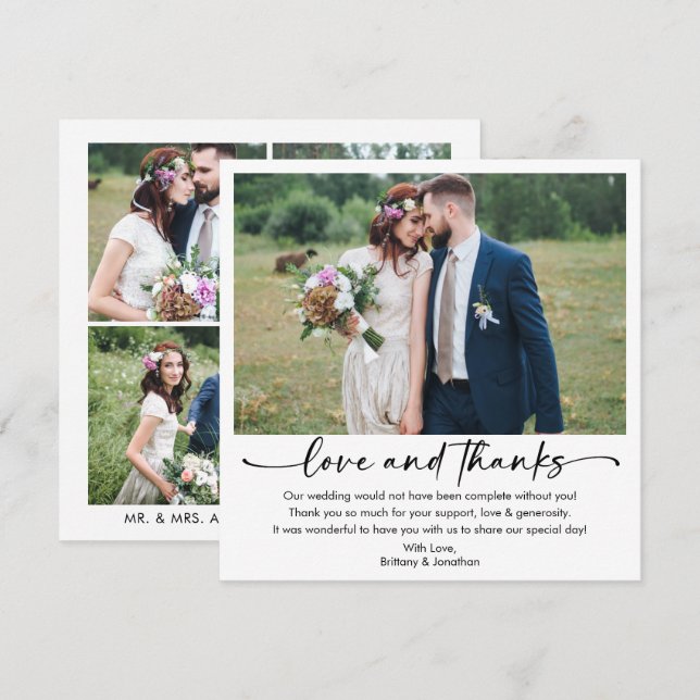 Calligraphy Ink Pen Script 5 Photo Wedding Square Thank You Card (Front/Back)