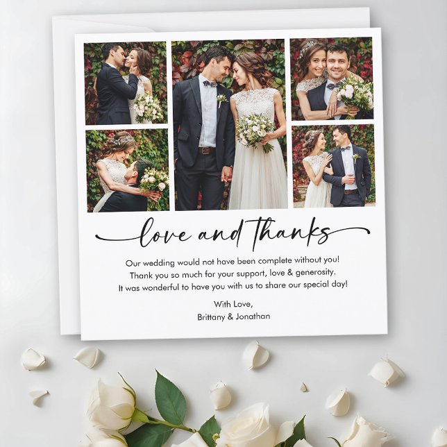 Calligraphy Ink Pen Script 5 Photos Square Wedding Thank You Card (Customize to add more text or photos to back of card.)