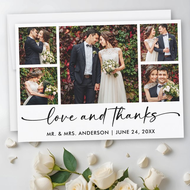 Calligraphy Ink Pen Script 5 Photos Wedding Thank You Card (Customize to add text to back of card.)