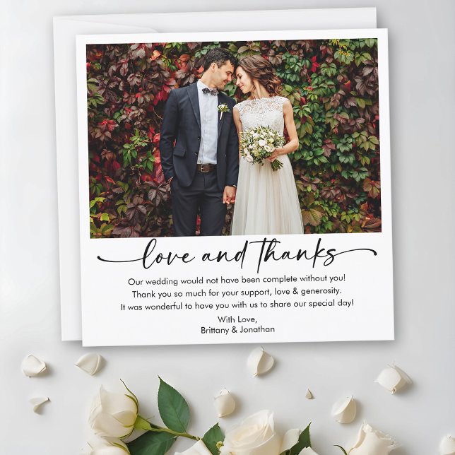 Calligraphy Ink Pen Script Photo Wedding Square Thank You Card (Customize to add more text or photos to back of card.)