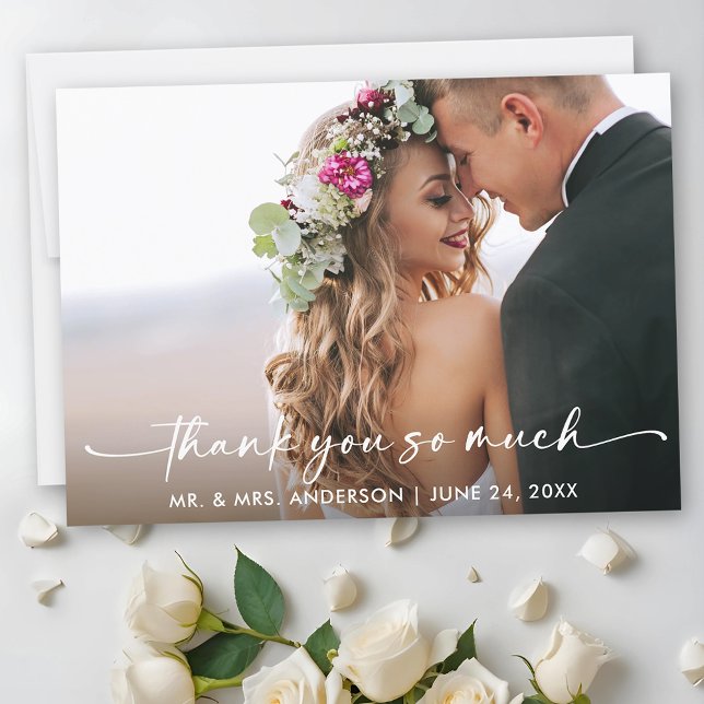 Calligraphy Ink Pen Script Wedding Photo Thank You Card (Customize to add text to back of card.)
