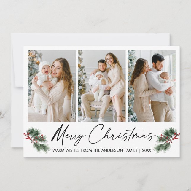 Calligraphy Ink Pen Watercolor Pines Berries Photo Holiday Card (Front)