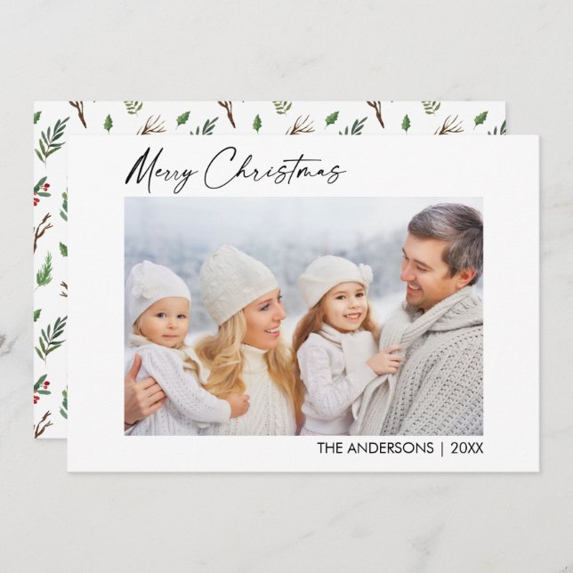 Calligraphy Ink Photo Christmas Greenery Berries Holiday Card (Front/Back)