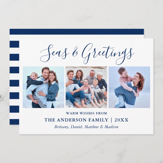 Calligraphy Ink Script 3 Photo Seas and Greetings Holiday Card (Front/Back)