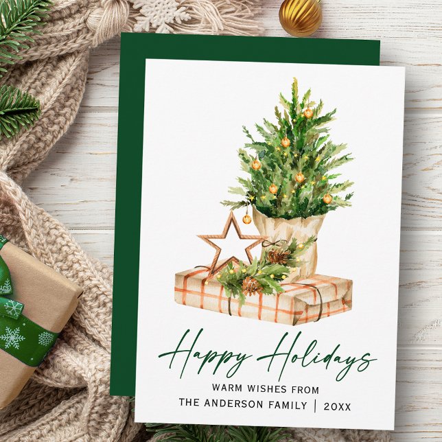 Calligraphy Ink Script Green Watercolor Pines Holiday Card (Customize to change your personalized text size, style or change color of back of card.)
