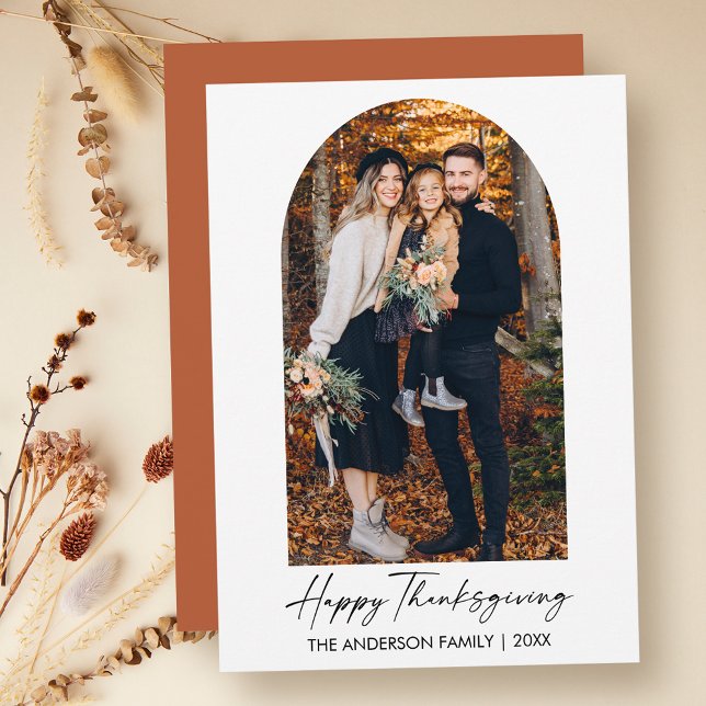 Calligraphy Ink Script Photo Arch Thanksgiving Holiday Card (Customize to change your personalized text size, style or to change color of back of card.)