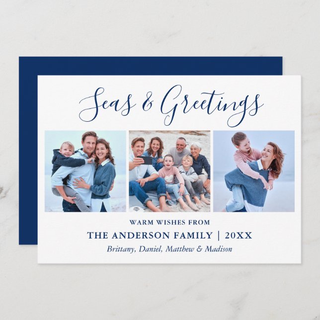 Calligraphy Ink Script Seas and Greetings 3 Photo Holiday Card (Front/Back)