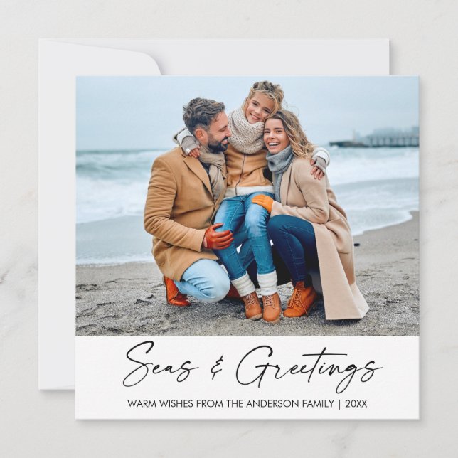 Calligraphy Ink Script Seas and Greetings Square Holiday Card (Front)