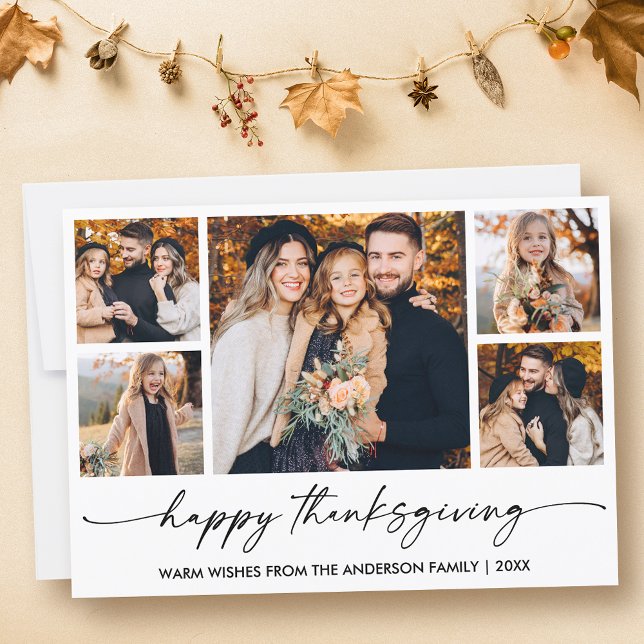 Calligraphy Ink Script Thanksgiving 5 Photo Holiday Card (Customize to change your personalized text size or text style.)