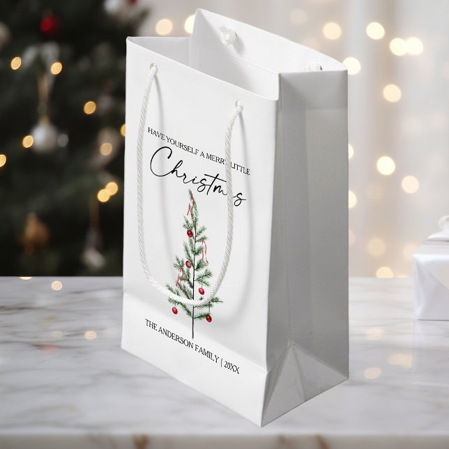 Calligraphy Ink Script Watercolor Christmas Tree  Small Gift Bag (Customize to change your personalized text size or text style.)