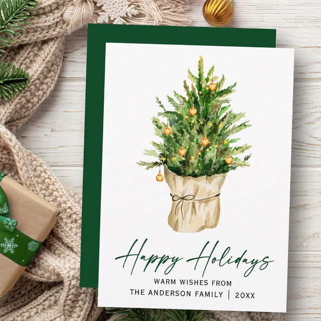 Calligraphy Ink Script Watercolor Green Pine Tree Holiday Card (Customize to change your personalized text size, style or change color of back of card.)