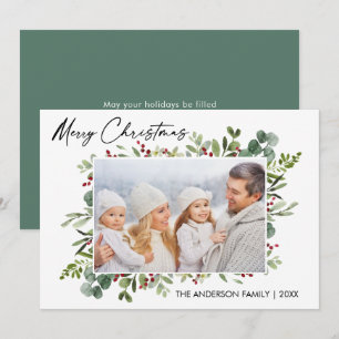 Calligraphy Ink Script Watercolor Greenery Berries Holiday Card
