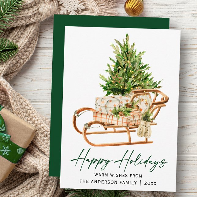 Calligraphy Ink Script Watercolor Sleigh Pine Tree Holiday Card (Customize to change your personalized text size, style or change color of back of card.)
