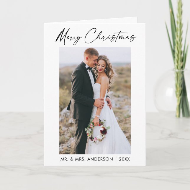 Calligraphy Ink Script Wedding Photo Folded Holiday Card (Front)