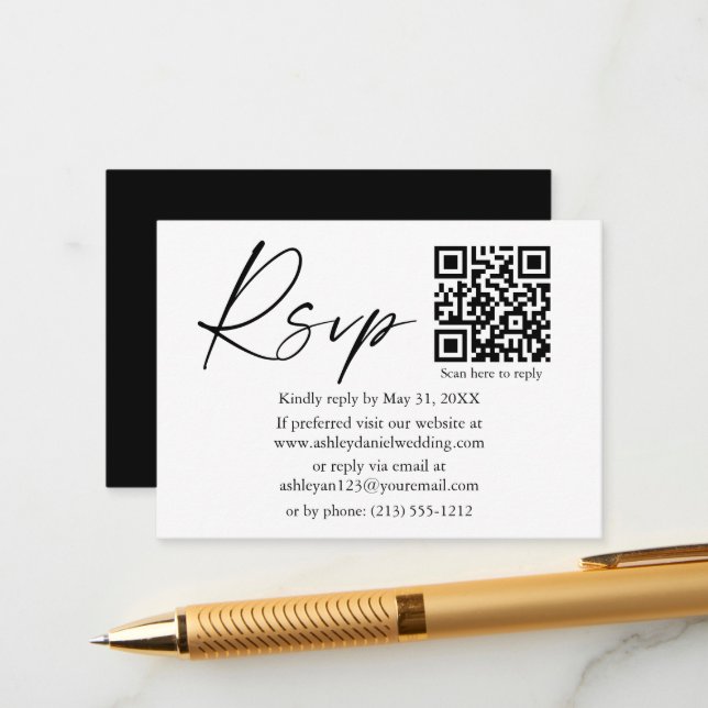 Calligraphy Ink Script Wedding QR Black RSVP Enclosure Card (Front/Back In Situ)