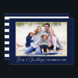 Calligraphy Ink Seas and Greetings Gold Blue Holiday Card<br><div class="desc">Modern Minimalist Elegance Calligraphy Ink Pen Handwritten Script Seas & Greetings Photo Gold Frame Holiday Card - Navy Blue & White Stripes</div>