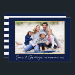Calligraphy Ink Seas and Greetings Gold Blue Holiday Card<br><div class="desc">Modern Minimalist Elegance Calligraphy Ink Pen Handwritten Script Seas & Greetings Photo Gold Frame Holiday Card - Navy Blue & White Stripes</div>