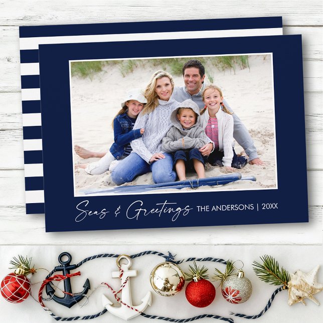 Calligraphy Ink Seas and Greetings Photo Blue Holiday Card (Customize to change your personalized text size or text style.)