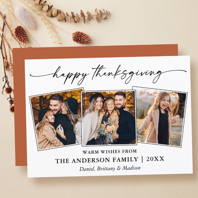 Calligraphy Ink Thanksgiving Terracotta 3 Photos Holiday Card (Customize to change your personalized text size, text style or to add more text to back of card.)
