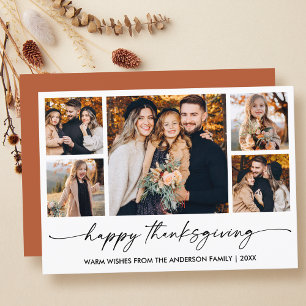 Calligraphy Ink Thanksgiving Terracotta 5 Photo Holiday Card