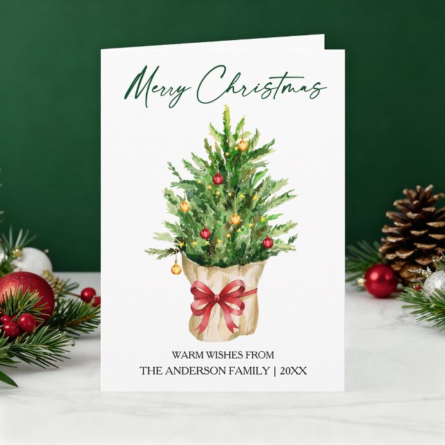 Calligraphy Ink Watercolor Christmas Pine Red Bow  Holiday Card (Customize to change your personalized text size or text style.)