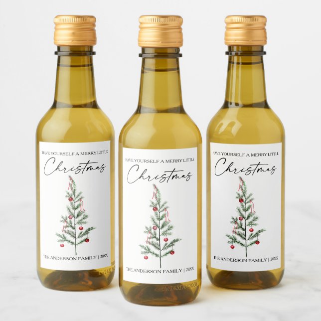 Calligraphy Ink Watercolor Christmas Tree Mini Wine Label (Bottles)