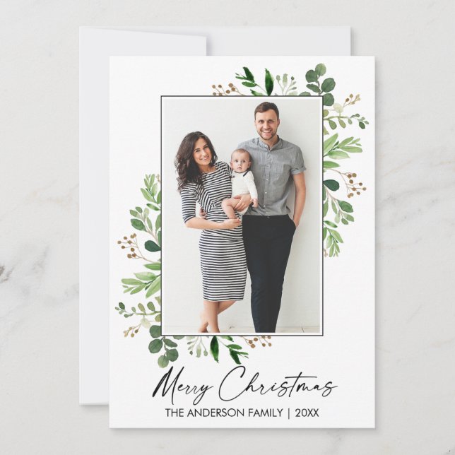 Calligraphy Ink Watercolor Greenery Christmas Holiday Card (Front)