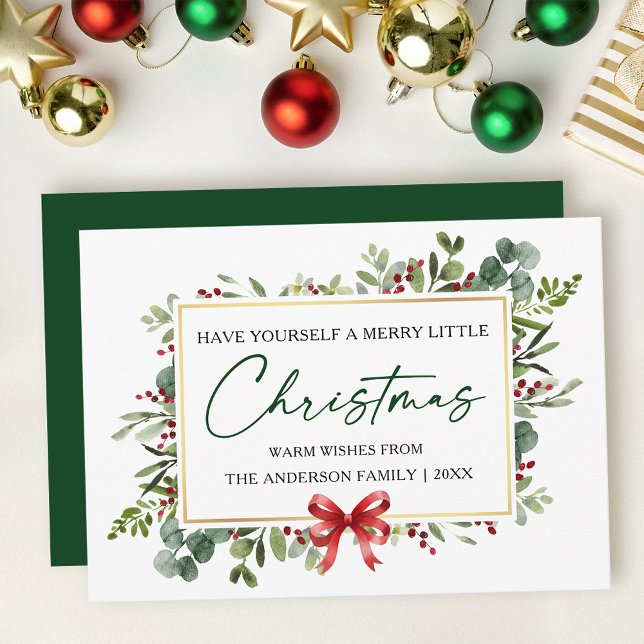 Calligraphy Ink Watercolor Greenery Red Bow Holiday Card (Customize to add text to back of card.)