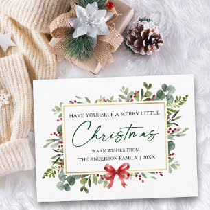 Calligraphy Ink Watercolor Greenery Red Bow Holiday Postcard
