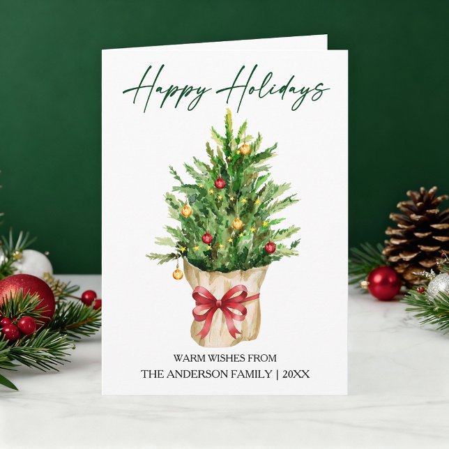 Calligraphy Ink Watercolor Pine Red Bow Folded Holiday Card (Customize to change your personalized text size or text style.)