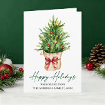 Calligraphy Ink Watercolor Pine Tree Red Bow Fold Holiday Card<br><div class="desc">Modern Elegant Calligraphy Ink Script Happy Holidays Folded Card includes a Watercolor Pine Tree in a paper bag with a Red Ribbon Bow,  Gold and Red Christmas Ornaments.</div>