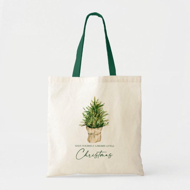 Calligraphy Ink Watercolor Tree Christmas Green Tote Bag (Front)