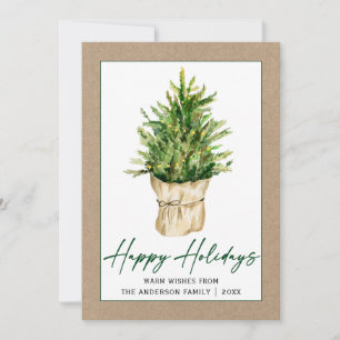 Calligraphy Ink Watercolor Tree Kraft Minimalist Holiday Card