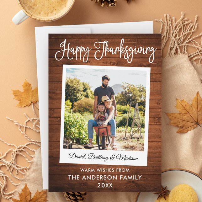 Calligraphy Instant Camera Photo Wood Thanksgiving Holiday Card (Customize to add more text or photos to back of card.)