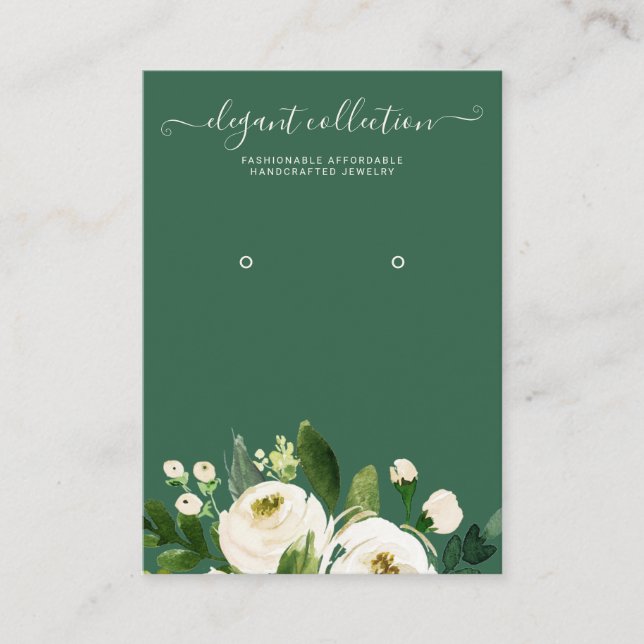Calligraphy ivory green floral Earring Display Business Card (Front)