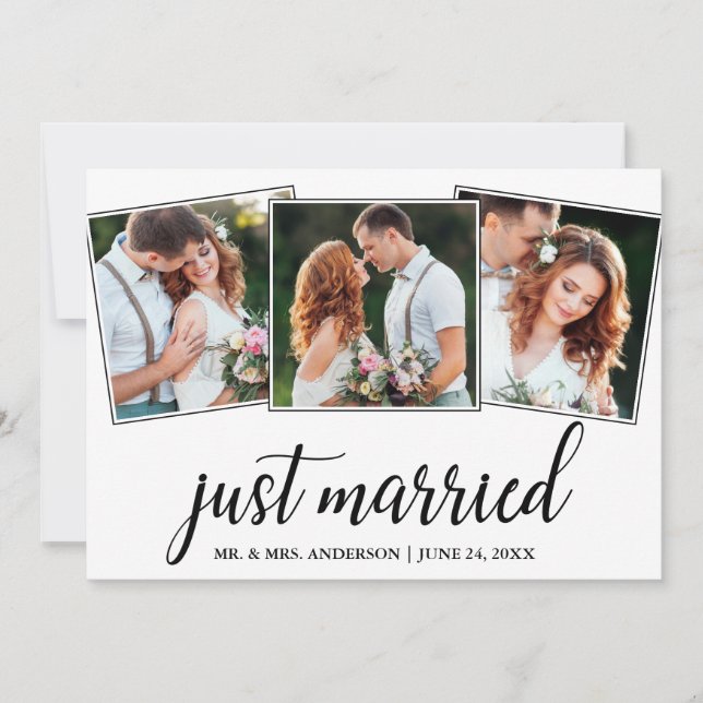 Calligraphy Just Married 3 Photo Wedding Card (Front)
