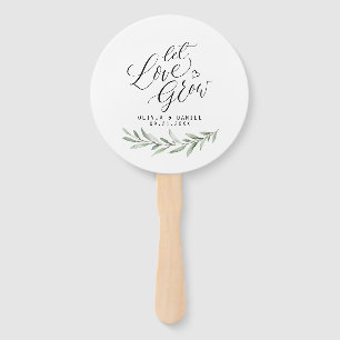 Calligraphy "Let Love Grow" Rustic Greenery Hand Fan