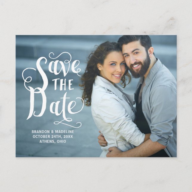 Calligraphy Lettering Overlay Photo Save the Date Announcement Postcard (Front)