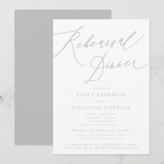 Calligraphy Light Grey Classic Wedding Rehearsal Invitation (Front/Back)