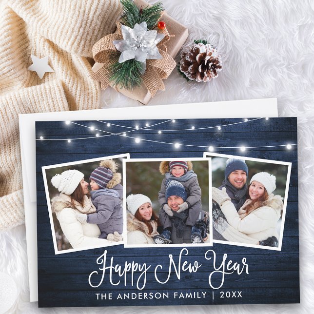 Calligraphy Lights Blue Wood 3 Photo New Year Holiday Card (Customize to add text to back of card.)