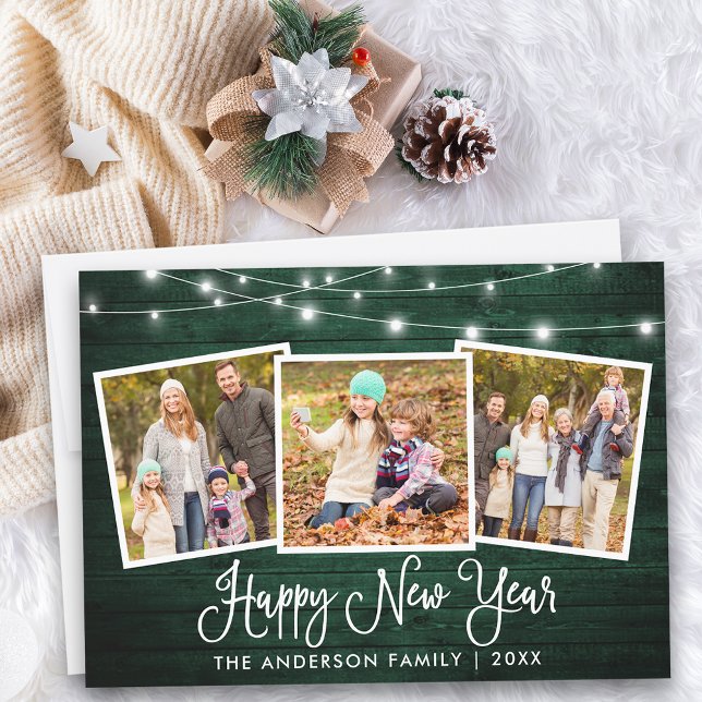 Calligraphy Lights Green Wood 3 Photo New Year Holiday Card (Customize to add text to back of card.)