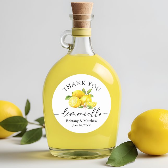 Calligraphy Limoncello Watercolor Lemons Thank You Classic Round Sticker (Customize to change your personalized text size or text style.)