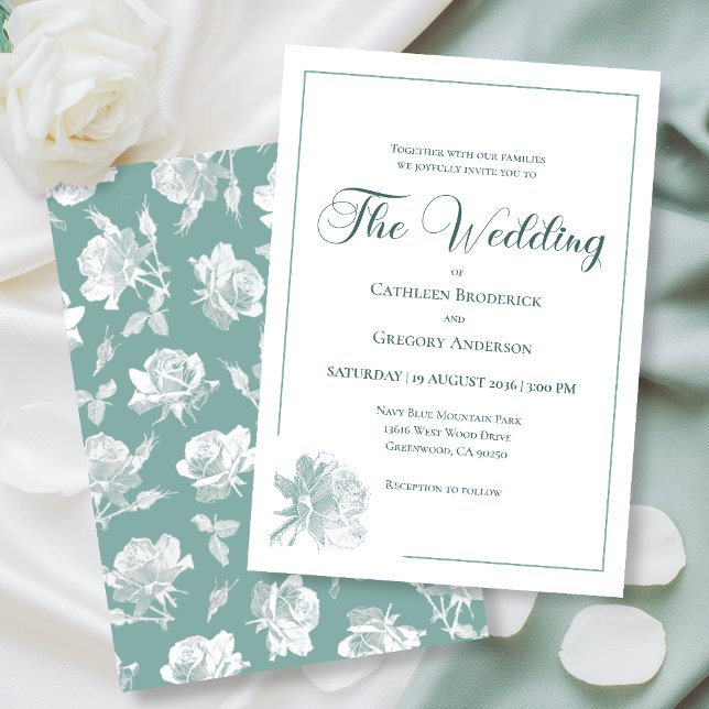 Calligraphy Line Art Sage Green Floral Wedding  Invitation (Creator Uploaded)