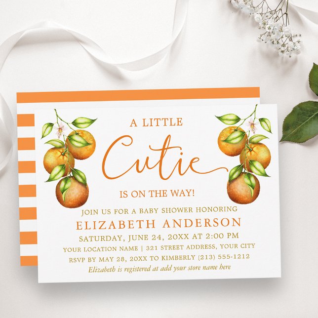 Calligraphy Little Cutie Shower Oranges Stripes Invitation (Customize to change text size, color or style.)