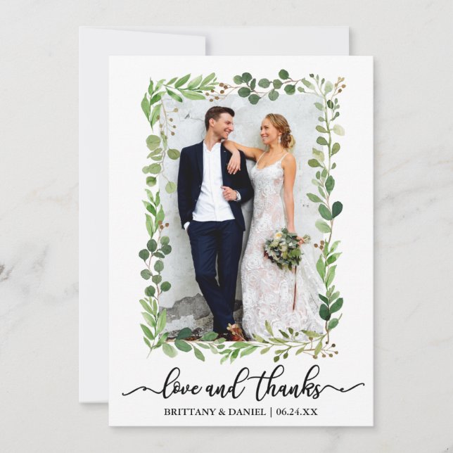 Calligraphy Love and Thanks Watercolor Eucalyptus Thank You Card (Front)