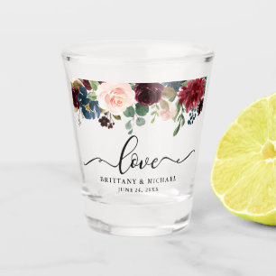 Calligraphy Love Burgundy Floral Wedding Shot Glass